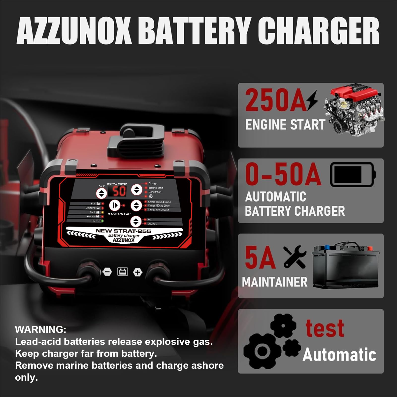 12V 24V Car Battery Charger Engine Starter Up to 50A Fast Charging, 250A Cranking Amps