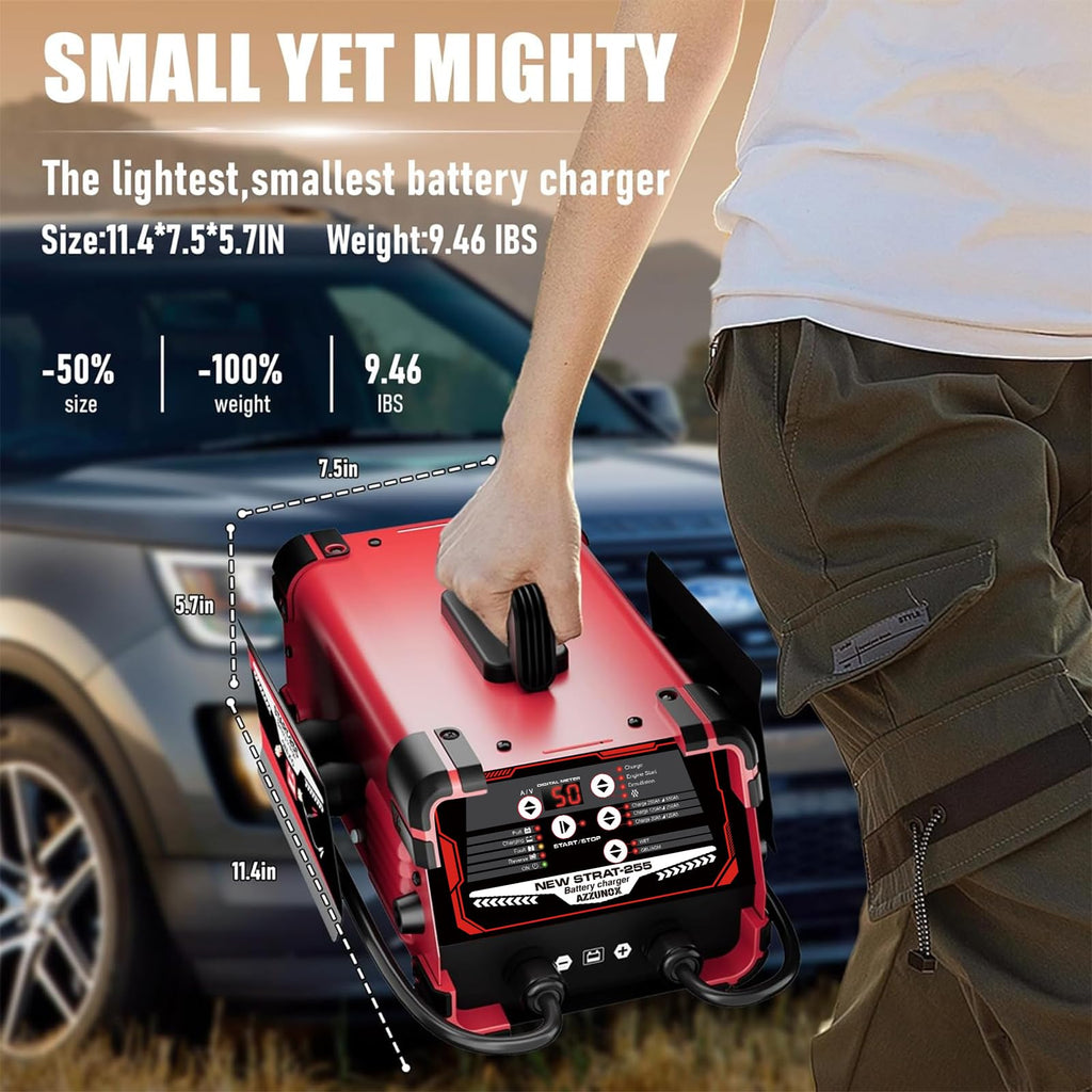 12V 24V Car Battery Charger Engine Starter Up to 50A Fast Charging, 250A Cranking Amps