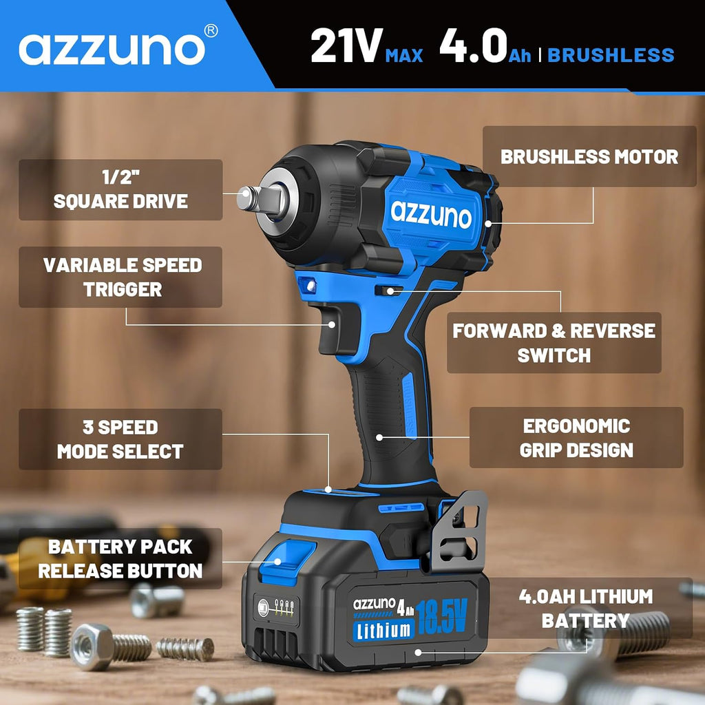Azzuno 1/2" Brushless Cordless Impact Wrench 737 Ft-lbs High Torque with 2x4.0Ah Batteries