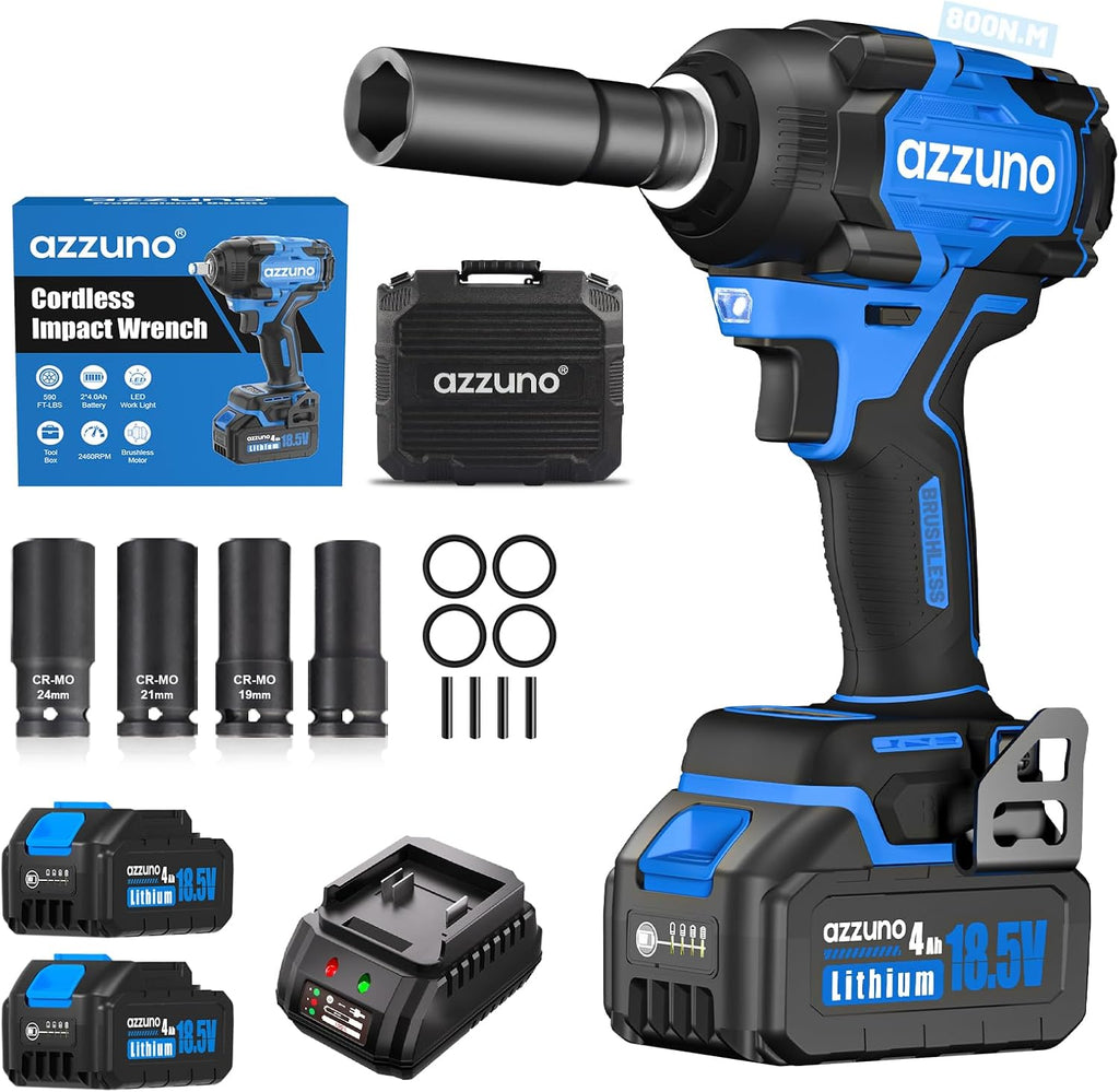 Azzuno 1/2" Brushless Cordless Impact Wrench 737 Ft-lbs High Torque with 2x4.0Ah Batteries