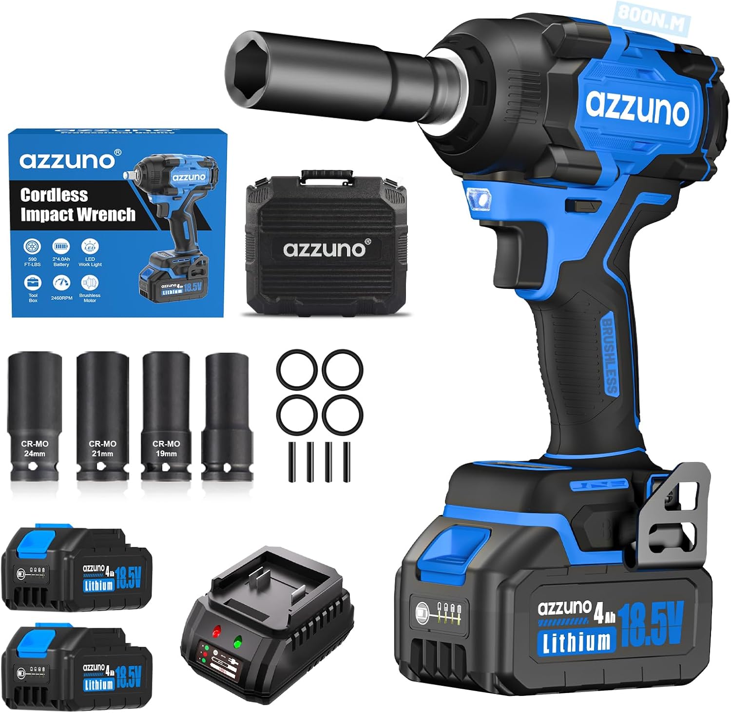Azzuno 1/2" Brushless Cordless Impact Wrench 737 Ft-lbs High Torque with 2x4.0Ah Batteries