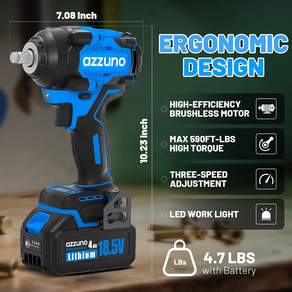Azzuno 1/2" Brushless Cordless Impact Wrench 737 Ft-lbs High Torque with 2x4.0Ah Batteries