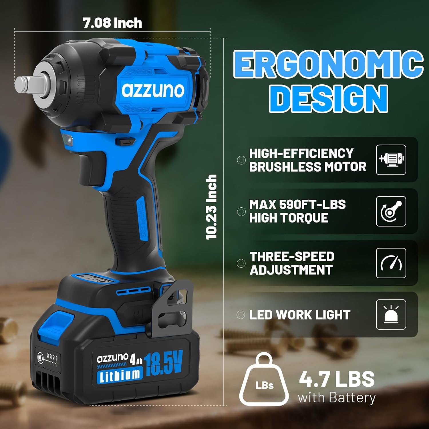Azzuno 1/2" Brushless Cordless Impact Wrench 737 Ft-lbs High Torque with 2x4.0Ah Batteries