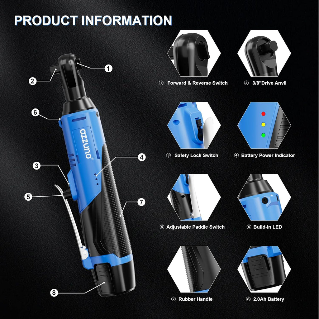 Azzuno 3/8" Cordless Electric Ratchet Wrench Set with 2 Batteries