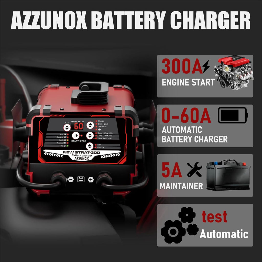 12V 24V Car Battery Charger & Engine Starter, 0-60A Automatic Battery Maintainer, 300 Cranking Amps