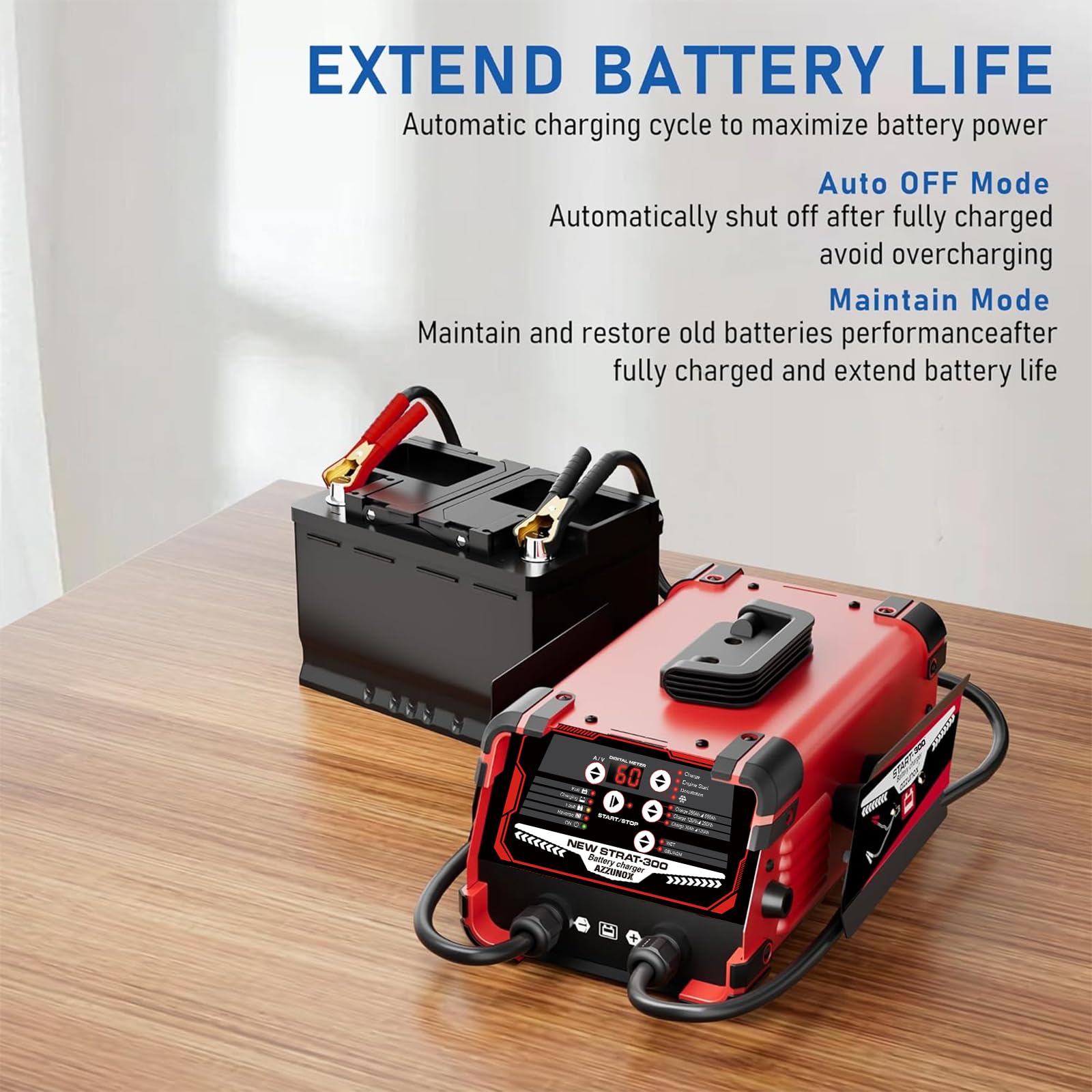 12V 24V Car Battery Charger & Engine Starter, 0-60A Automatic Battery Maintainer, 300 Cranking Amps