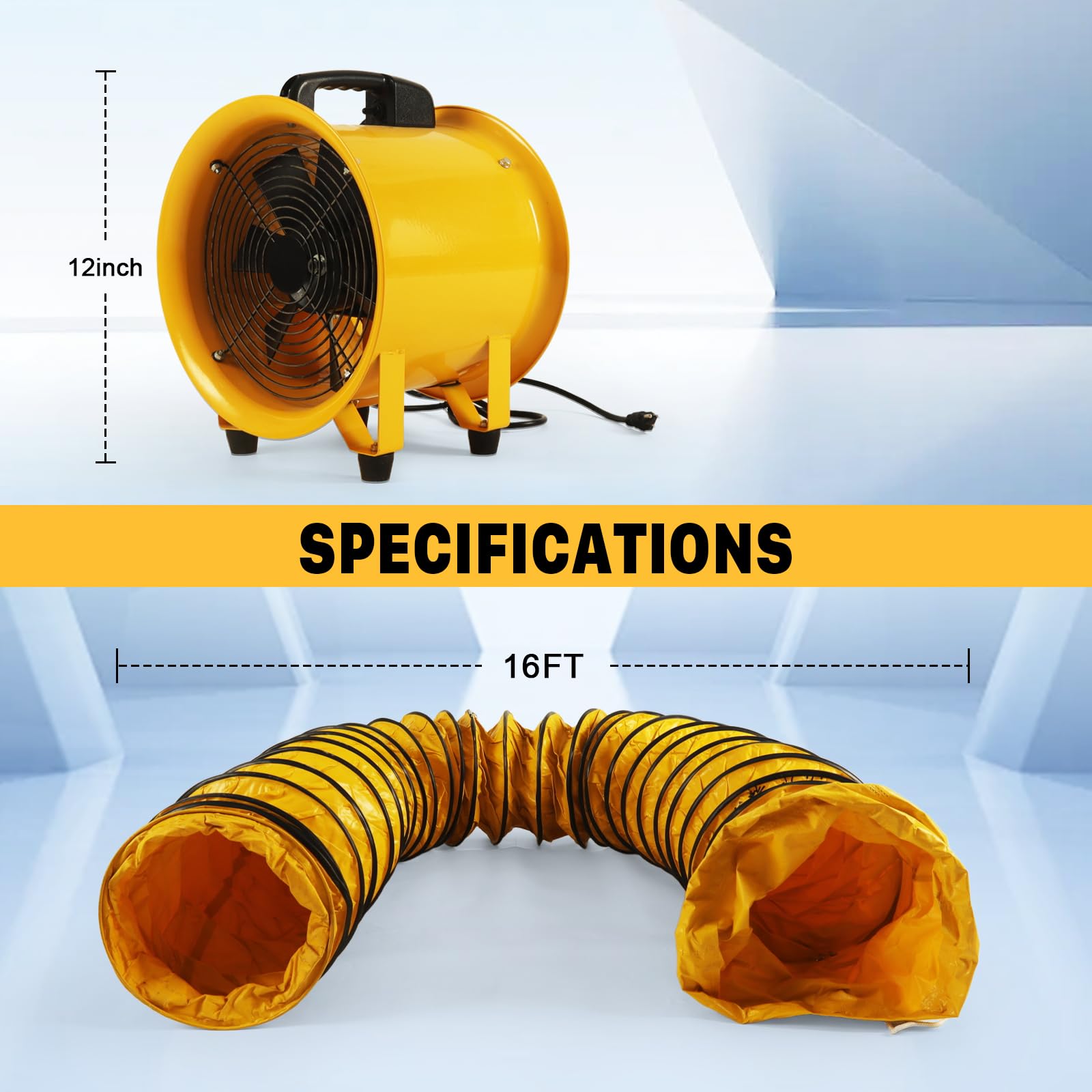 12 Inch Utility Blower Fan with 16 Ft Flexible Duct Hose