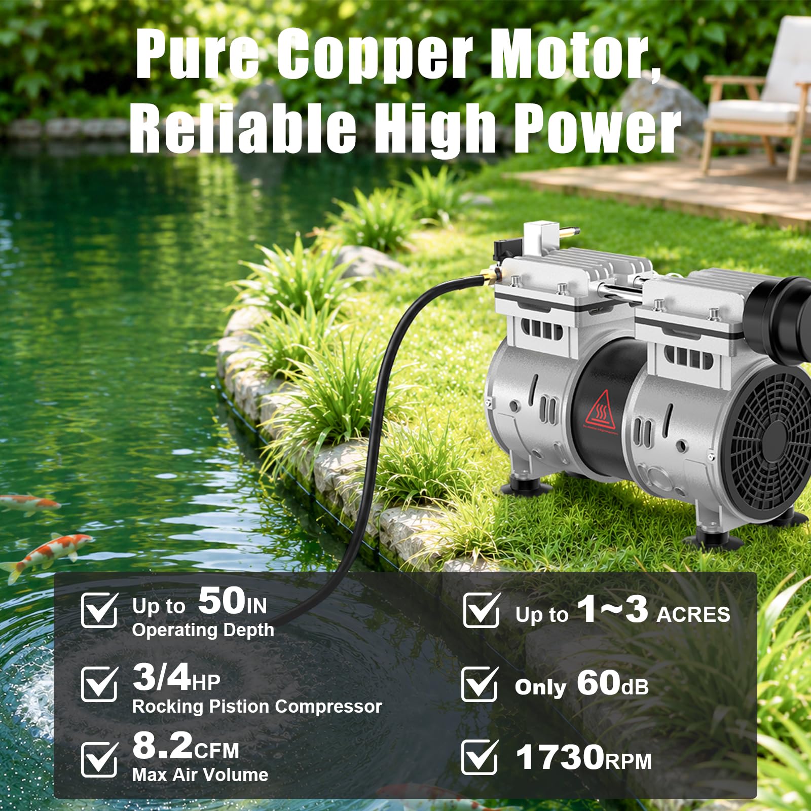 8.2CFM Pond & Lake Aeration System for Up to 3 Acre 50' Lakeï¼Includes 3/4 HP Compressor